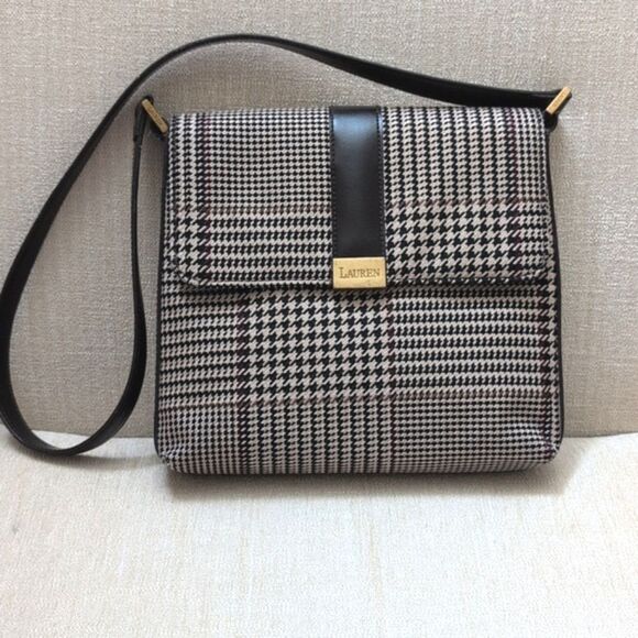 Lauren Ralph Lauren Houndstooth Brown Leather Shoulder Bag Y2K Preppy Vintage - Picture 14 of 14